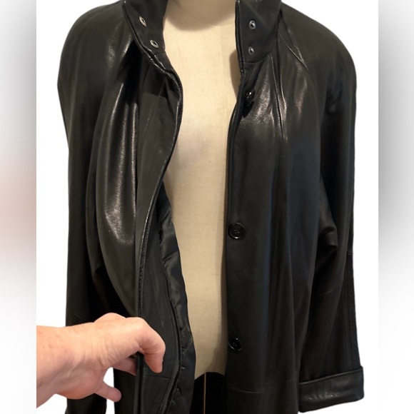 90s BLACK LAMBSKIN LEATHER MAXI TRENCH COAT HIGH COLLAR MINIMALIST MATRIX TIBOA - Picture 9 of 15